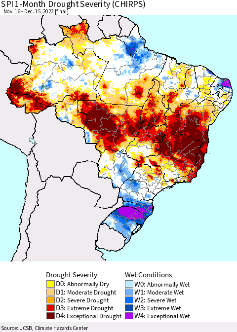 Brazil SPI 1-Month Drought Severity (CHIRPS) Thematic Map For 11/16/2023 - 12/15/2023