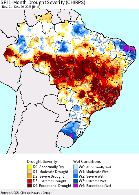 Brazil SPI 1-Month Drought Severity (CHIRPS) Thematic Map For 11/21/2023 - 12/20/2023