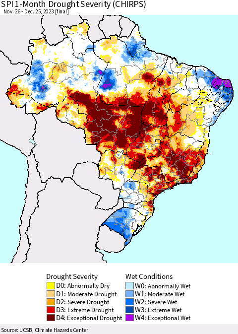 Brazil SPI 1-Month Drought Severity (CHIRPS) Thematic Map For 11/26/2023 - 12/25/2023
