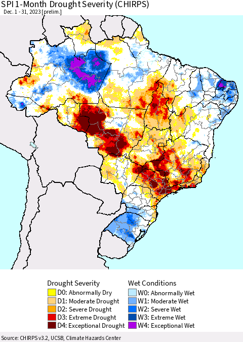 Brazil SPI 1-Month Drought Severity (CHIRPS) Thematic Map For 12/1/2023 - 12/31/2023