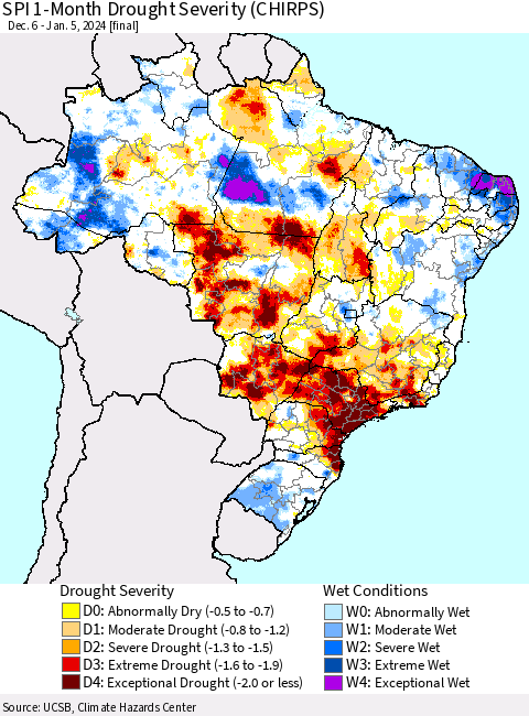 Brazil SPI 1-Month Drought Severity (CHIRPS) Thematic Map For 12/6/2023 - 1/5/2024
