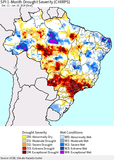 Brazil SPI 1-Month Drought Severity (CHIRPS) Thematic Map For 12/11/2023 - 1/10/2024