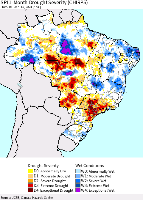 Brazil SPI 1-Month Drought Severity (CHIRPS) Thematic Map For 12/16/2023 - 1/15/2024
