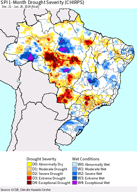 Brazil SPI 1-Month Drought Severity (CHIRPS) Thematic Map For 12/21/2023 - 1/20/2024