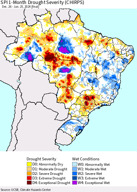 Brazil SPI 1-Month Drought Severity (CHIRPS) Thematic Map For 12/26/2023 - 1/25/2024