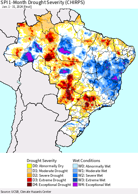 Brazil SPI 1-Month Drought Severity (CHIRPS) Thematic Map For 1/1/2024 - 1/31/2024