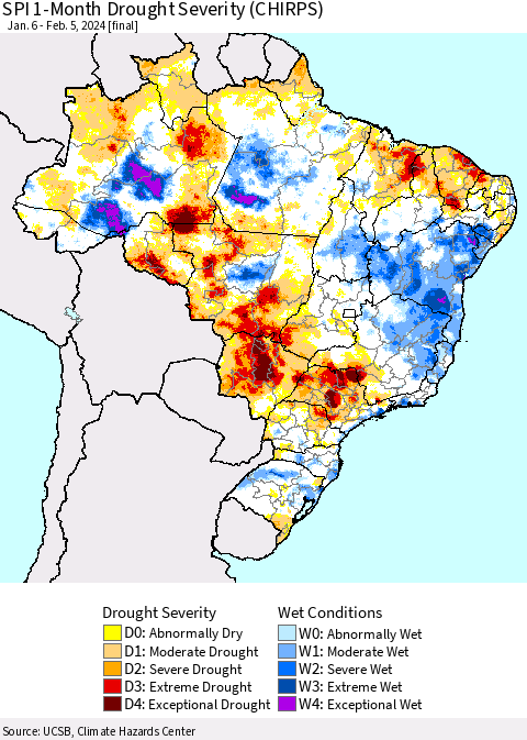 Brazil SPI 1-Month Drought Severity (CHIRPS) Thematic Map For 1/6/2024 - 2/5/2024