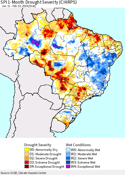 Brazil SPI 1-Month Drought Severity (CHIRPS) Thematic Map For 1/11/2024 - 2/10/2024