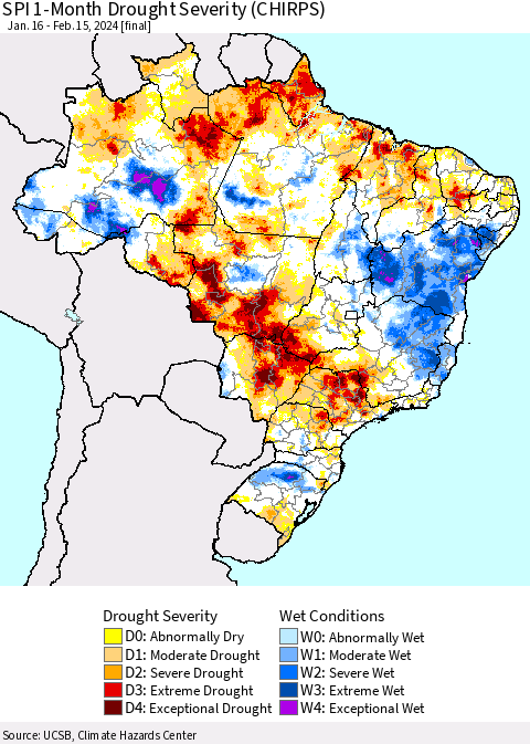 Brazil SPI 1-Month Drought Severity (CHIRPS) Thematic Map For 1/16/2024 - 2/15/2024