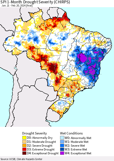 Brazil SPI 1-Month Drought Severity (CHIRPS) Thematic Map For 1/21/2024 - 2/20/2024
