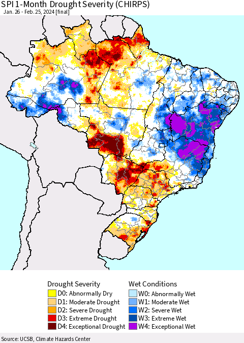 Brazil SPI 1-Month Drought Severity (CHIRPS) Thematic Map For 1/26/2024 - 2/25/2024