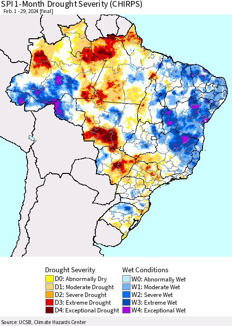 Brazil SPI 1-Month Drought Severity (CHIRPS) Thematic Map For 2/1/2024 - 2/29/2024