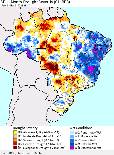 Brazil SPI 1-Month Drought Severity (CHIRPS) Thematic Map For 2/6/2024 - 3/5/2024