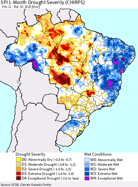 Brazil SPI 1-Month Drought Severity (CHIRPS) Thematic Map For 2/11/2024 - 3/10/2024
