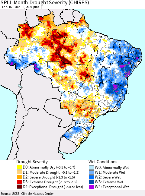 Brazil SPI 1-Month Drought Severity (CHIRPS) Thematic Map For 2/16/2024 - 3/15/2024