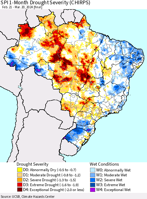 Brazil SPI 1-Month Drought Severity (CHIRPS) Thematic Map For 2/21/2024 - 3/20/2024