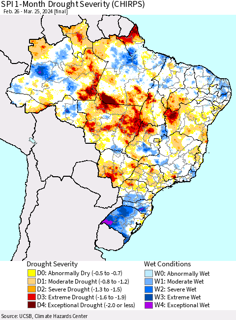 Brazil SPI 1-Month Drought Severity (CHIRPS) Thematic Map For 2/26/2024 - 3/25/2024