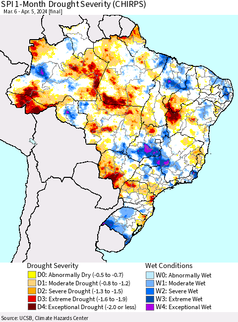 Brazil SPI 1-Month Drought Severity (CHIRPS) Thematic Map For 3/6/2024 - 4/5/2024