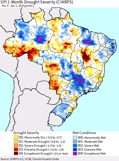 Brazil SPI 1-Month Drought Severity (CHIRPS) Thematic Map For 3/6/2024 - 4/5/2024
