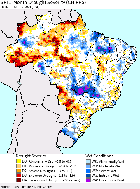 Brazil SPI 1-Month Drought Severity (CHIRPS) Thematic Map For 3/11/2024 - 4/10/2024