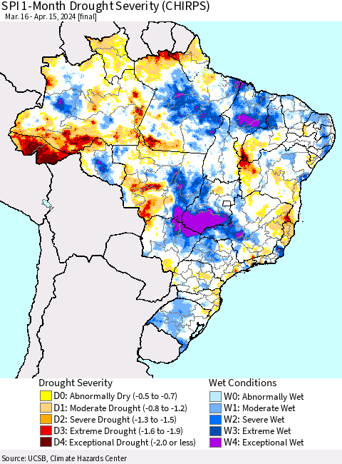Brazil SPI 1-Month Drought Severity (CHIRPS) Thematic Map For 3/16/2024 - 4/15/2024