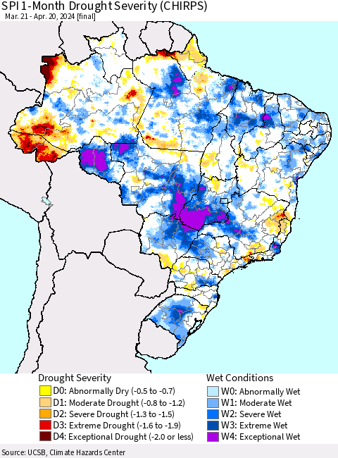 Brazil SPI 1-Month Drought Severity (CHIRPS) Thematic Map For 3/21/2024 - 4/20/2024