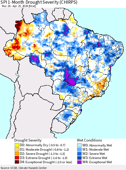 Brazil SPI 1-Month Drought Severity (CHIRPS) Thematic Map For 3/26/2024 - 4/25/2024