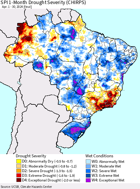 Brazil SPI 1-Month Drought Severity (CHIRPS) Thematic Map For 4/1/2024 - 4/30/2024