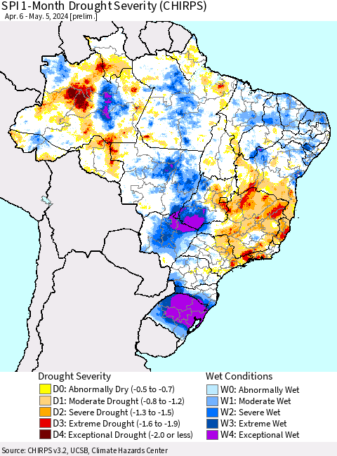 Brazil SPI 1-Month Drought Severity (CHIRPS) Thematic Map For 4/6/2024 - 5/5/2024