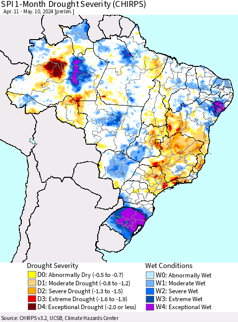 Brazil SPI 1-Month Drought Severity (CHIRPS) Thematic Map For 4/11/2024 - 5/10/2024