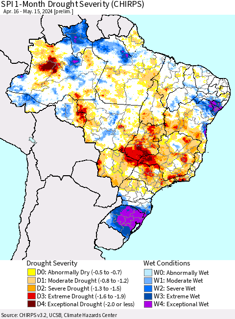 Brazil SPI 1-Month Drought Severity (CHIRPS) Thematic Map For 4/16/2024 - 5/15/2024