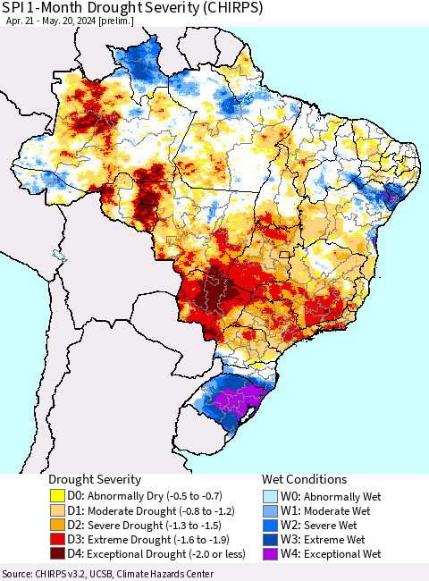 Brazil SPI 1-Month Drought Severity (CHIRPS) Thematic Map For 4/21/2024 - 5/20/2024