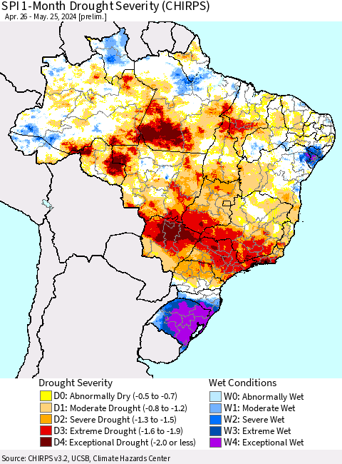 Brazil SPI 1-Month Drought Severity (CHIRPS) Thematic Map For 4/26/2024 - 5/25/2024