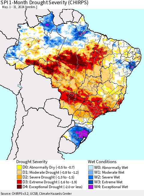 Brazil SPI 1-Month Drought Severity (CHIRPS) Thematic Map For 5/1/2024 - 5/31/2024