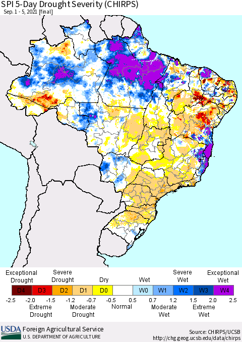 Brazil SPI 5-Day Drought Severity (CHIRPS) Thematic Map For 9/1/2021 - 9/5/2021
