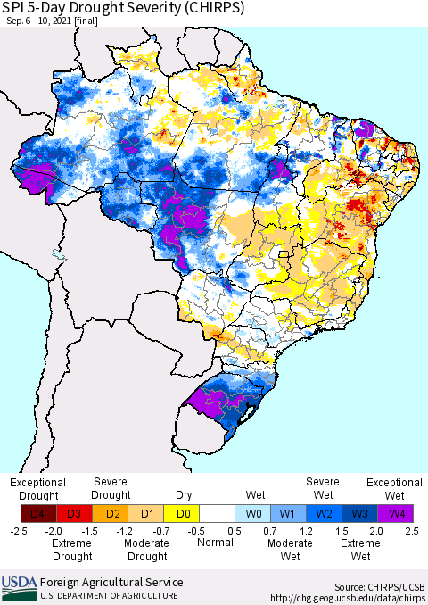 Brazil SPI 5-Day Drought Severity (CHIRPS) Thematic Map For 9/6/2021 - 9/10/2021