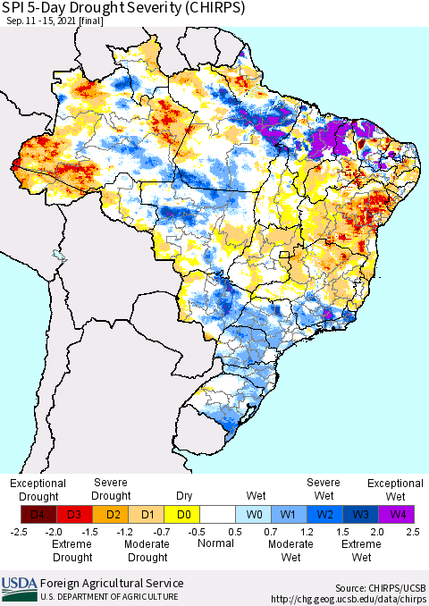Brazil SPI 5-Day Drought Severity (CHIRPS) Thematic Map For 9/11/2021 - 9/15/2021