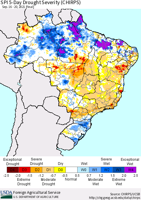 Brazil SPI 5-Day Drought Severity (CHIRPS) Thematic Map For 9/16/2021 - 9/20/2021