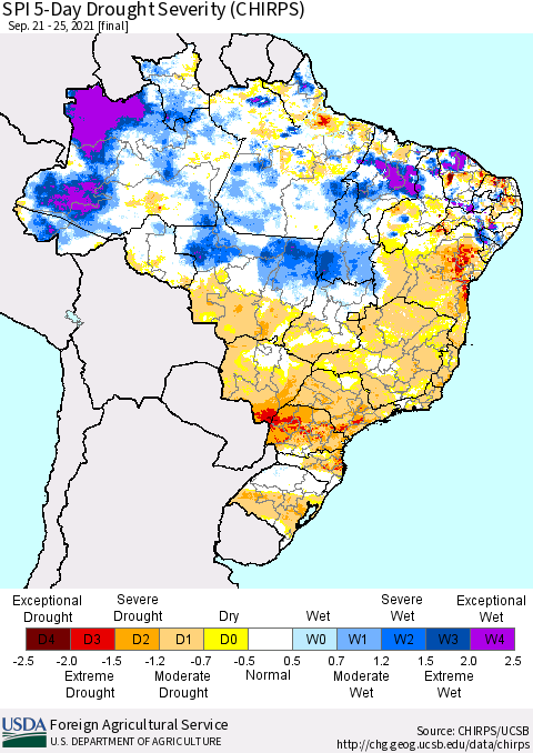 Brazil SPI 5-Day Drought Severity (CHIRPS) Thematic Map For 9/21/2021 - 9/25/2021