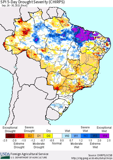 Brazil SPI 5-Day Drought Severity (CHIRPS) Thematic Map For 9/26/2021 - 9/30/2021