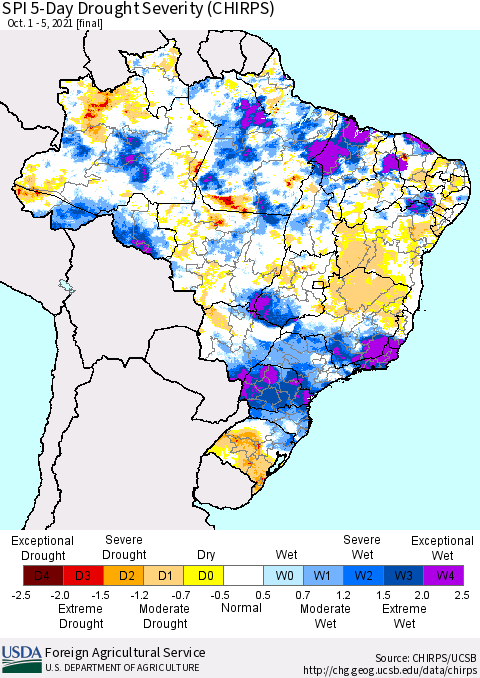 Brazil SPI 5-Day Drought Severity (CHIRPS) Thematic Map For 10/1/2021 - 10/5/2021