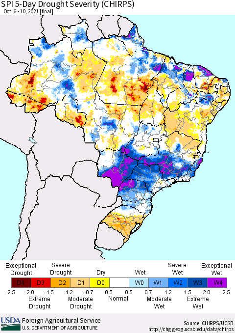 Brazil SPI 5-Day Drought Severity (CHIRPS) Thematic Map For 10/6/2021 - 10/10/2021