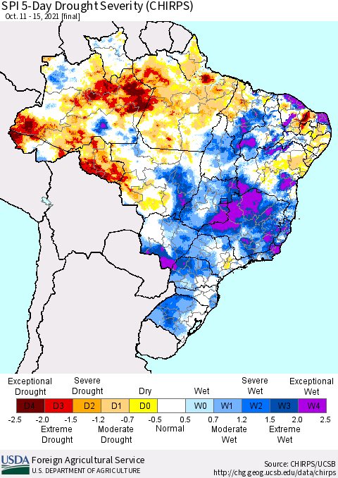 Brazil SPI 5-Day Drought Severity (CHIRPS) Thematic Map For 10/11/2021 - 10/15/2021