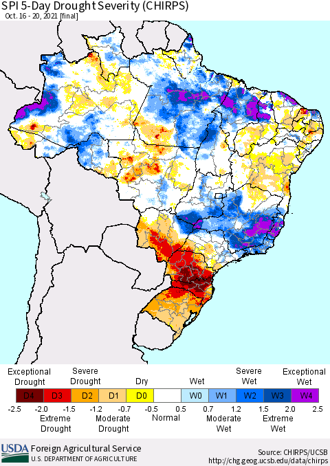 Brazil SPI 5-Day Drought Severity (CHIRPS) Thematic Map For 10/16/2021 - 10/20/2021