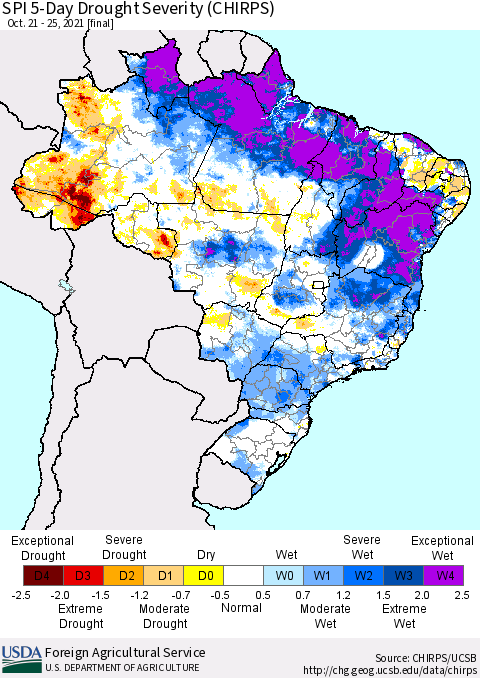 Brazil SPI 5-Day Drought Severity (CHIRPS) Thematic Map For 10/21/2021 - 10/25/2021