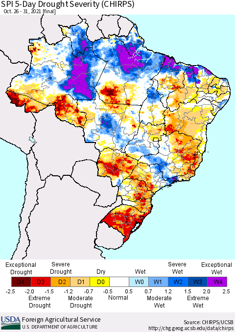 Brazil SPI 5-Day Drought Severity (CHIRPS) Thematic Map For 10/26/2021 - 10/31/2021