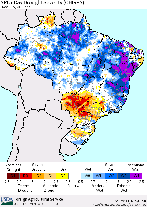 Brazil SPI 5-Day Drought Severity (CHIRPS) Thematic Map For 11/1/2021 - 11/5/2021
