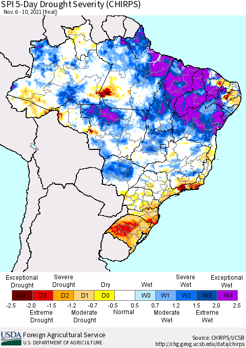Brazil SPI 5-Day Drought Severity (CHIRPS) Thematic Map For 11/6/2021 - 11/10/2021