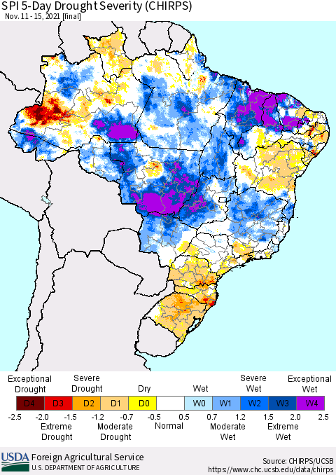 Brazil SPI 5-Day Drought Severity (CHIRPS) Thematic Map For 11/11/2021 - 11/15/2021