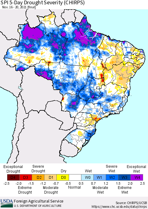 Brazil SPI 5-Day Drought Severity (CHIRPS) Thematic Map For 11/16/2021 - 11/20/2021